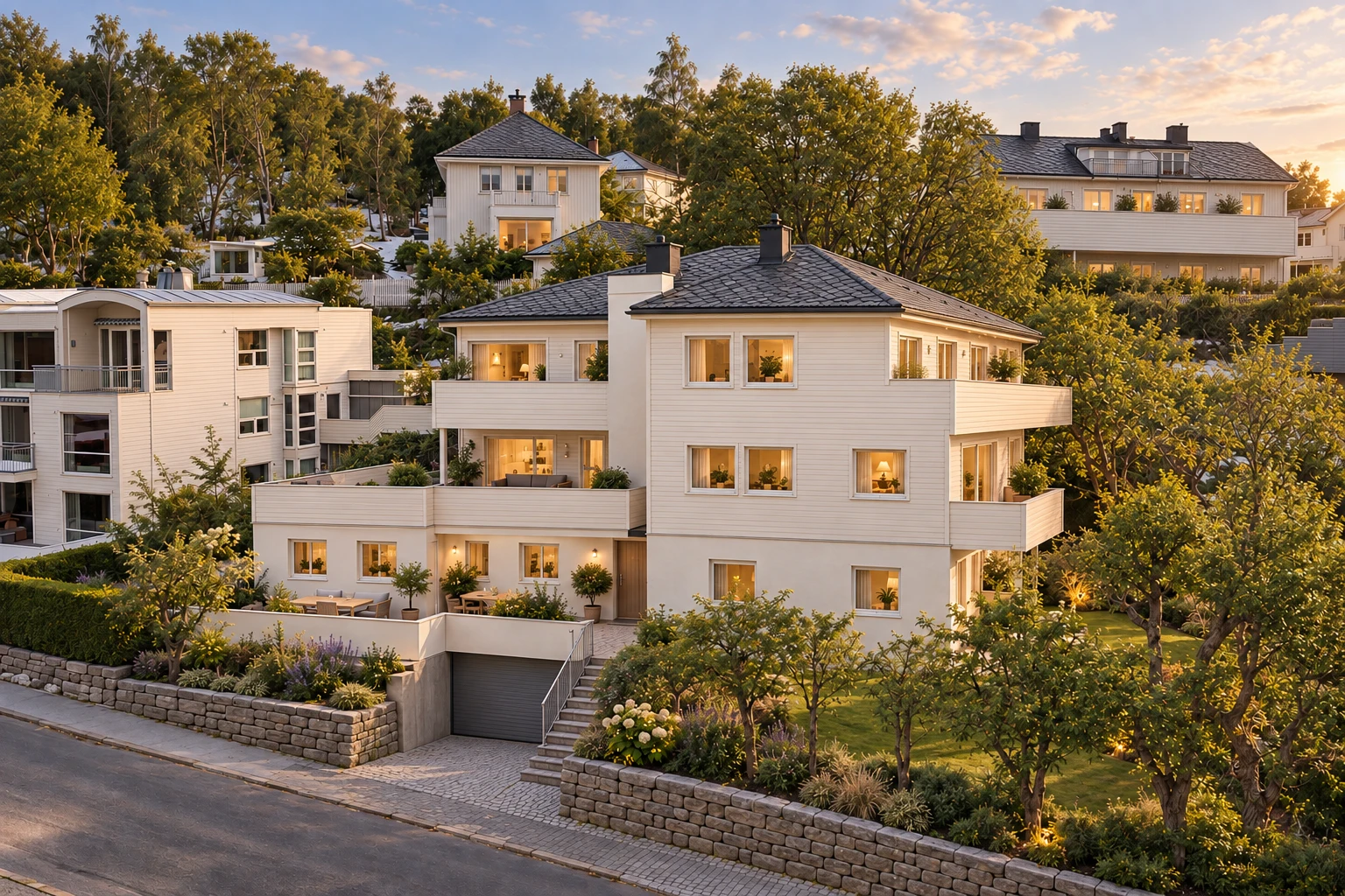 Villa Rosenborg med hvit trekledning, store terrasser og en frodig hage